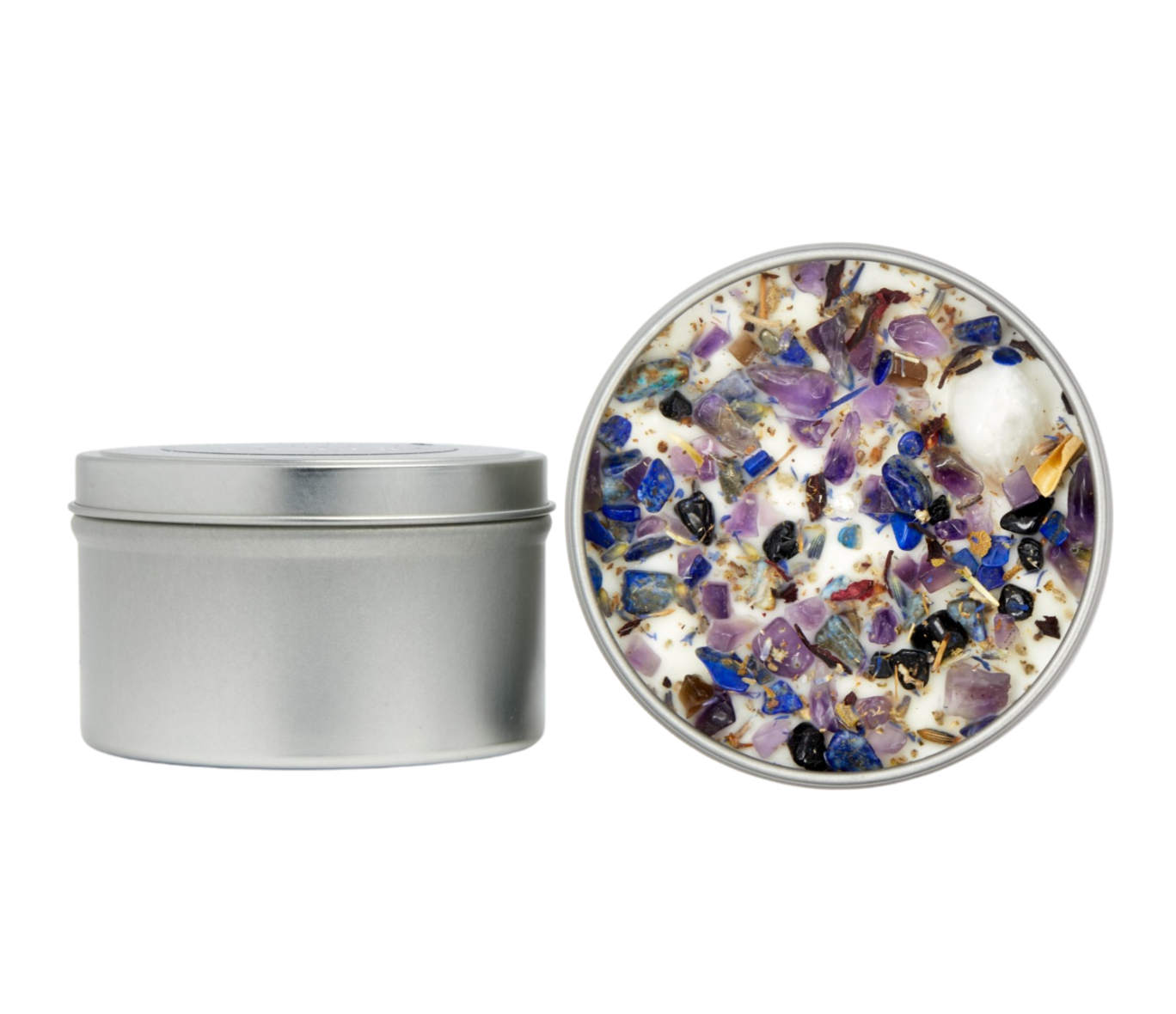 New Moon 8oz Candle Tin - Soy Candle - Dried Flower, Herb, & Crystal Candle - New Beginnings & Manifestation