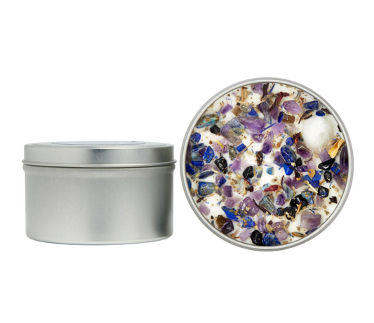 New Moon 8oz Candle Tin - Soy Candle - Dried Flower, Herb, & Crystal Candle - New Beginnings & Manifestation