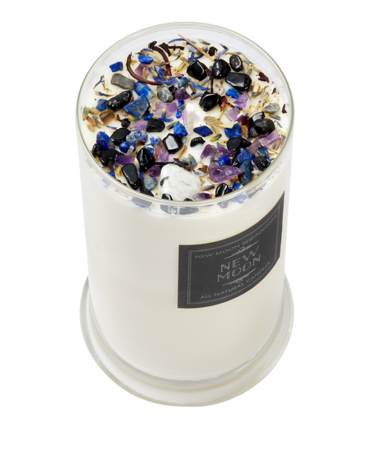 New Moon 21oz Candle - Soy Candle - Dried Flower, Herb, & Crystal Candle - New Beginnings & Manifestation