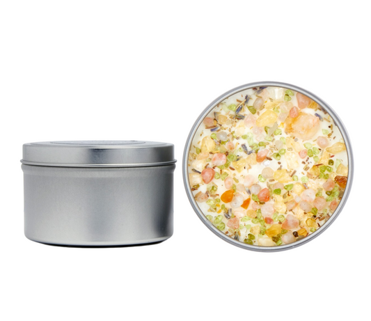 Positive Energy 8oz Candle Tin - Soy Candles - Dried Flower, Herb, & Crystal Candle