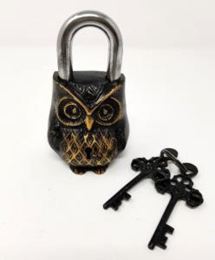 Antique Brass Owl Lock with Keys